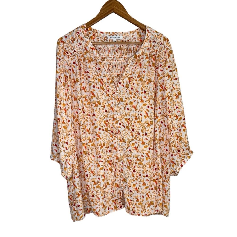 Rose + Olive Womens Top Blouse 2X Brown Fall Print Smocked Peasant Boho Office